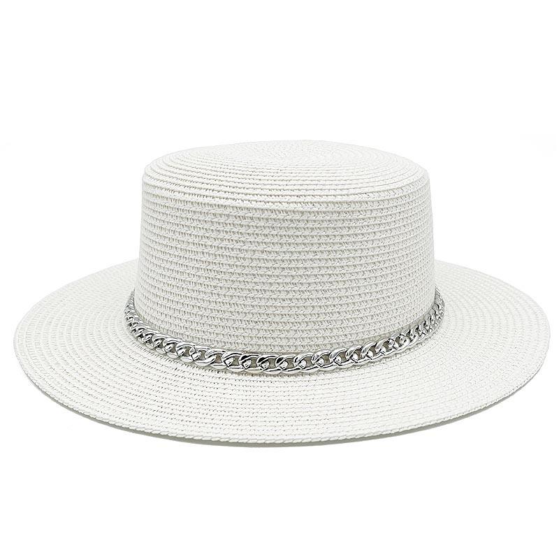 Spring and summer women's travel sunscreen straw hat fashion chain solid color beach British style jazz hat Hats