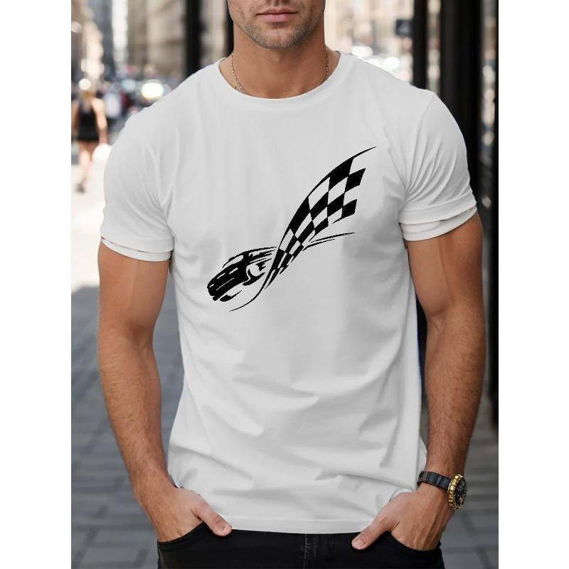 European sizes Racing Track Race Graphic Print Men's Short Sleeve Crew Neck T-Shirts, Comfy Breathable Casual Slightly Stretch Casual Tops