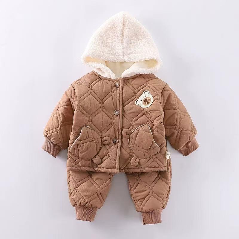 2Pcs Winter Baby Boy Fleece Inside Clothes Set Hooded Jacket+Pant Infant Toddler Child Clothing Suit Coat Baby Clothes for 1-3Y
