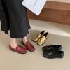 2025 New Square Head Pleated Gold Small Leather Shoes Thick Heel Soft Sole Foot Cover Versatile Commuter College Style Women's Single Shoes