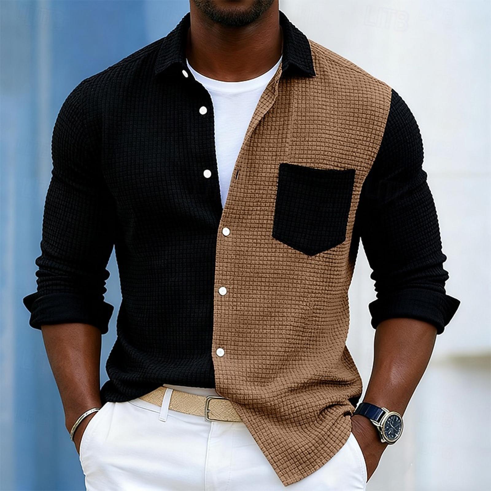 

Мужская рубашка в стиле колор-блок, с длинным рукавом, мужская повседневная модная трендовая рубашка с карманом, куртка-рубашка XL коричневый