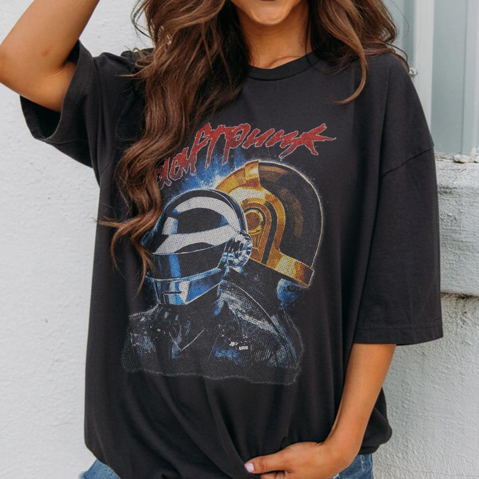 Daft Punk T Shirt Vintage Electronic Music Tee, Robot Helmet Graphic Shirt, French House Music Fan Gift, EDM Festival Unisex Tee S