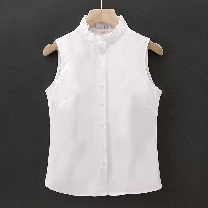 Women's Korean Style Sleeveless Stand Collar Cotton Shirt - Versatile Base Layer for Autumn/Winter, Ideal with Suits & Sweaters.