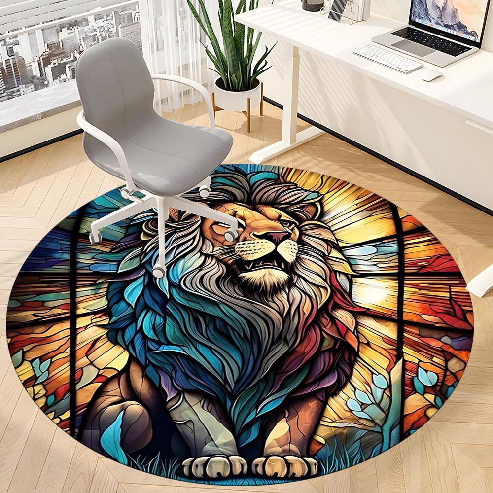 1PCStained Glass Lion Office Round Area Rug,  Mat Suitable For Office, Under Office Chairs Bedroom Living Room Home Decor, Room Deco