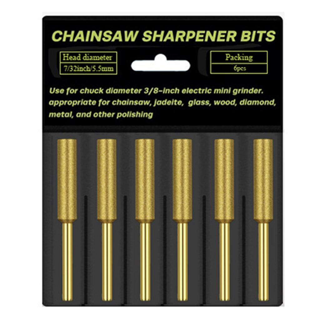 6pcs Chainsaw Sharpening Stone Chain Saw Sharpener Diamond Grinding Tool Titanium-Plated Grinding Bits 4mm/4.8mm/5.5mm