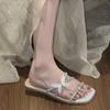 Fashion Flat Sandals Summer New Square Head Shallow Mouth Crystal Butterfly Knot Soft Sole Anti-slip Wear-resistant Slippers