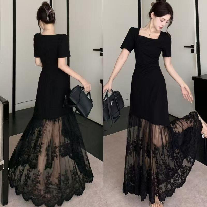 Summer Black Mesh Splicing Square Neck Dress for Women, Sexy Waist and Thin Temperament, Slim and Big Swing Dress