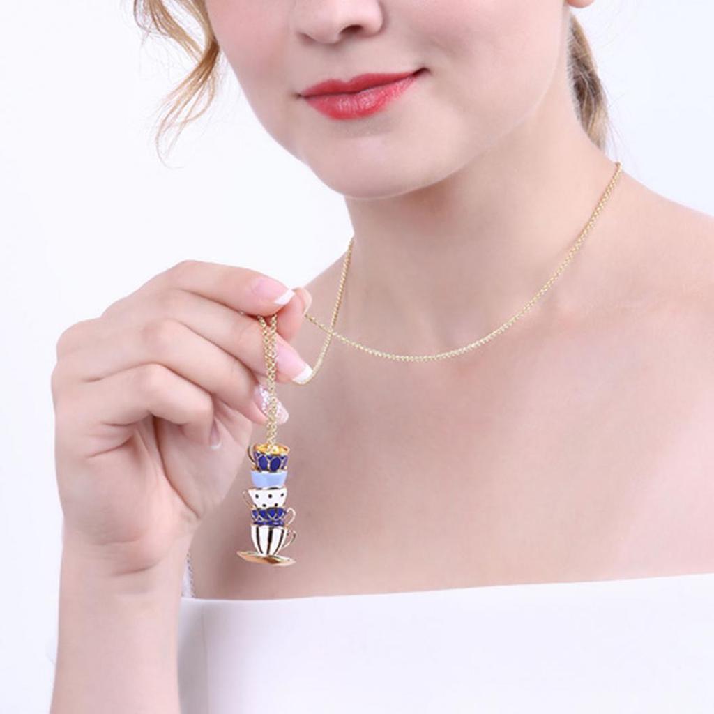 Women Fashion Hand Painted Enamel Teacup Pendant Necklace Long Chain Jewelry