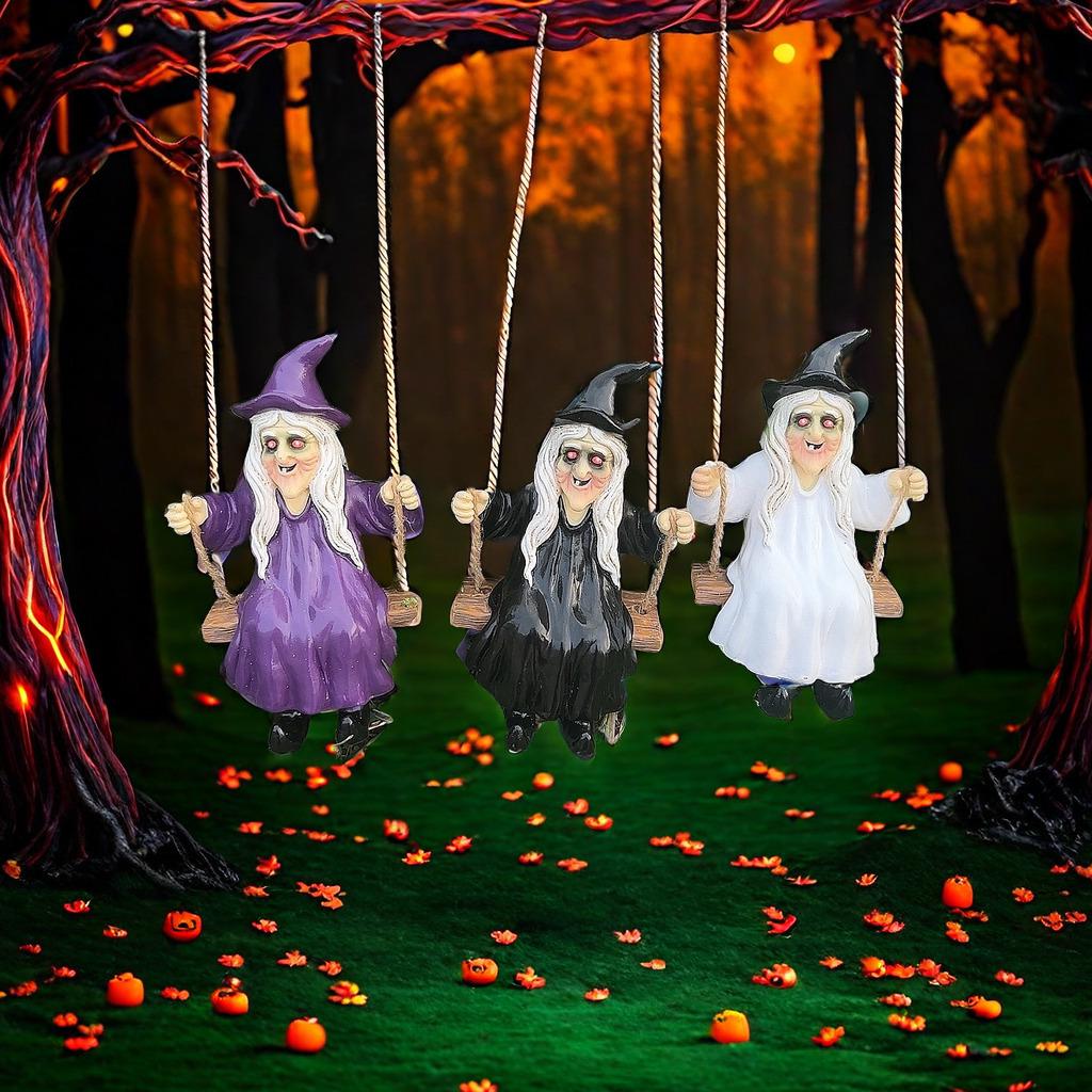 Ghost and Witch Pendant Set: Black-Clad Ghost Swing, White-Clad Ghost with Cat, Purple-Clad Witch for Courtyard & Garden Decor