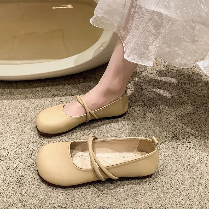 Fashion Ladies Footwear With Heel Round Toe Mary Jane Beige 39 Elegant Dress Cheap Clearance High Quality Fashion Y2k Women's Flat Shoes