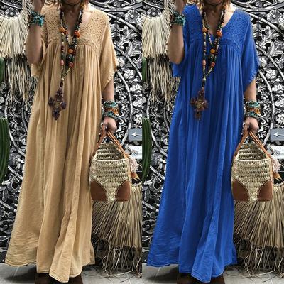 Dámské šaty s výstřihem do V, netopýřími rukávy, patchworkovou krajkou, dlouhé volné šaty Vestido Robe Kleid