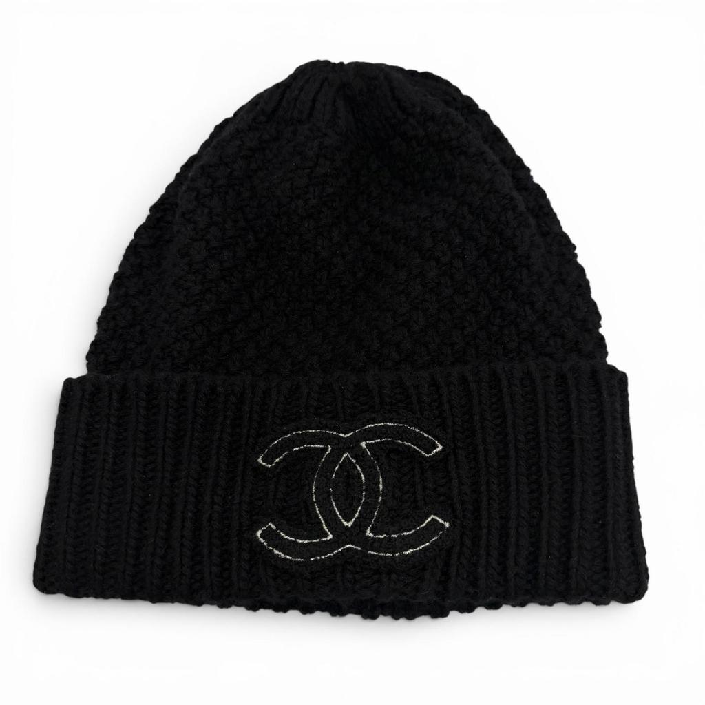 Great CHANEL Knit cap COCO Mark hat black cashmere Women Used