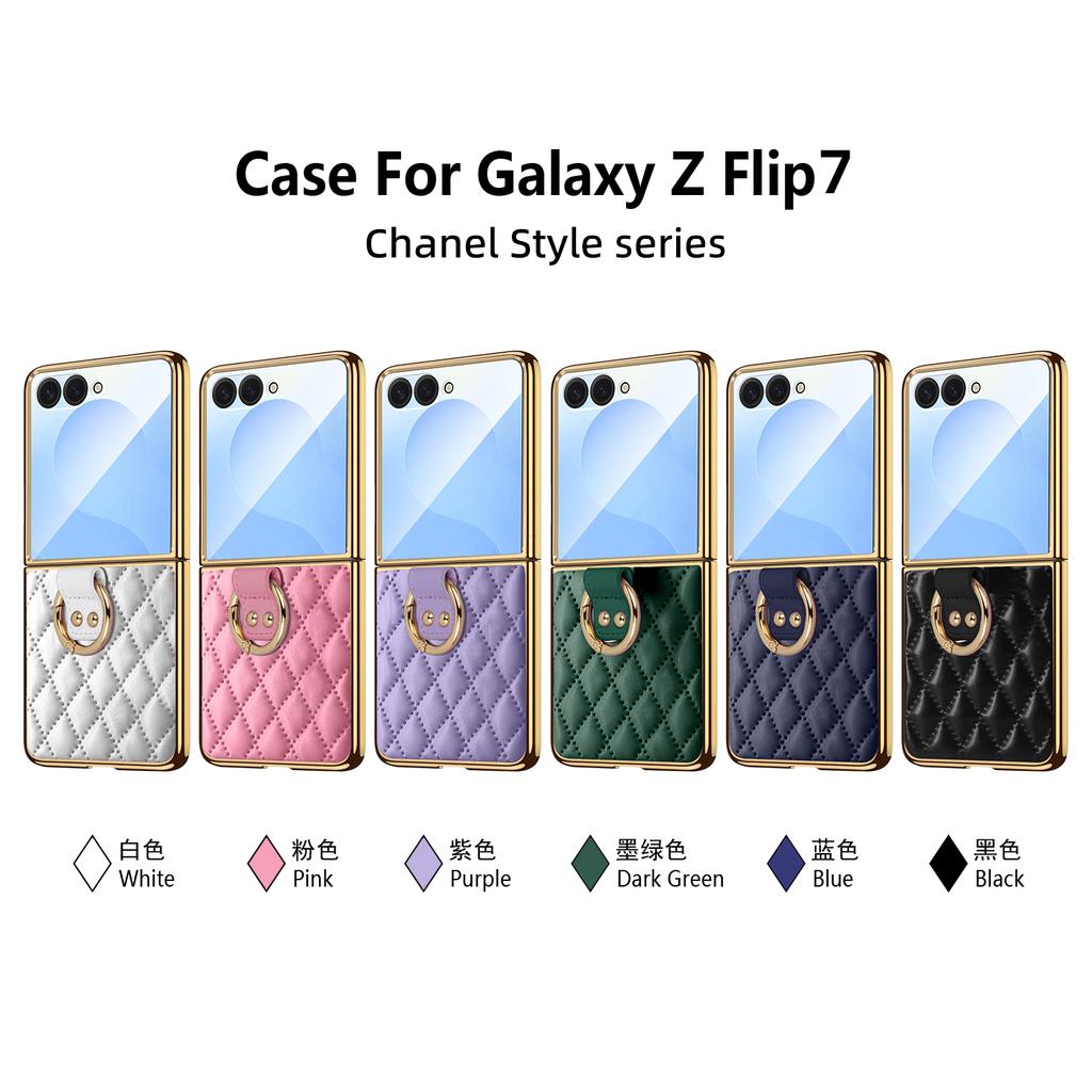 Vietao Luxury Leather Phone Case for Samsung Galaxy Z Flip 7/6/5/4/3 with Gold Plated Ring Stand - Lens Film Protection, Pink