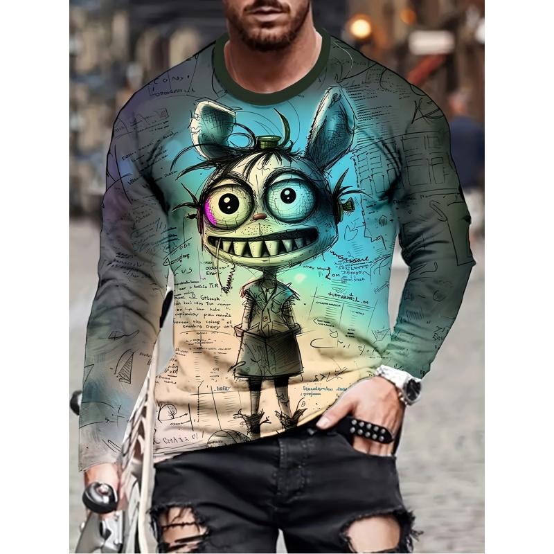

Cute Abstract Monster Pattern T-Shirts For Men Cool Skull 3D Print T-shirts Autumn Casual Loose Round Neck Tops Tees Long Sleeves 5XL