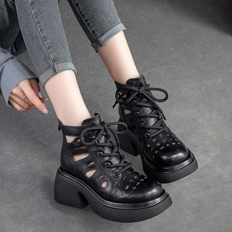 Johnature Retro Genuine Leather Thick Sole Lace-up Roman Sandals 2023 Summer New Round Toe Hollowed Out Thick Heeled Women Shoes