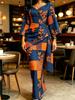 Rochie Maxi de Damă Albastru Portocaliu cu Imprimeu Patchwork, Decolteu în V, Wrap, Talie Fronsată, Mânecă Kimono, Rochie Vintage