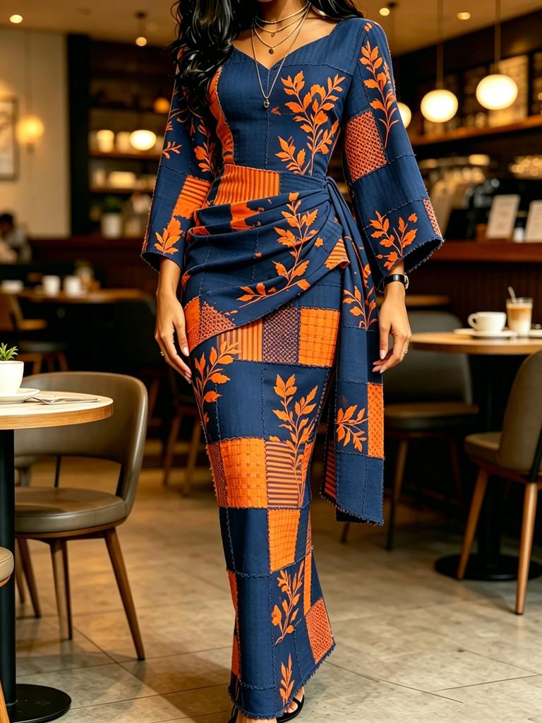 Women's Blue Orange Patchwork Print V Neck Wrap Maxi Dress Ruched Waist Kimono Sleeve Vintage Dress