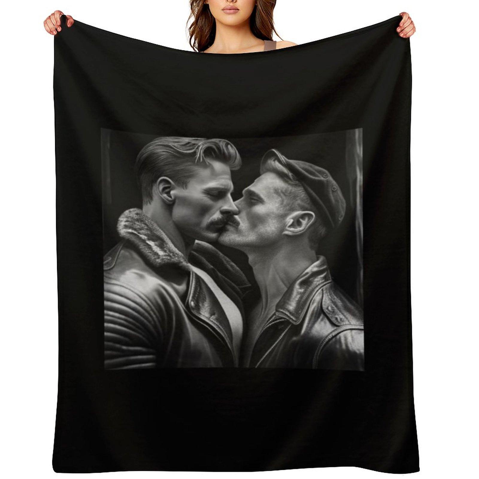 Men kissing Tom From Finland Throw Blanket Shaggy Flannel Fabric Soft Plaid Single Blankets 30x40in
