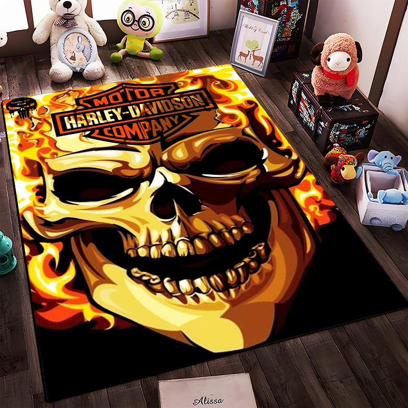 "Flaming Skull Harley-Davidson Style Rug with Vibrant Design" Suitable for use as an anti-slip for living room bedroom sofas
