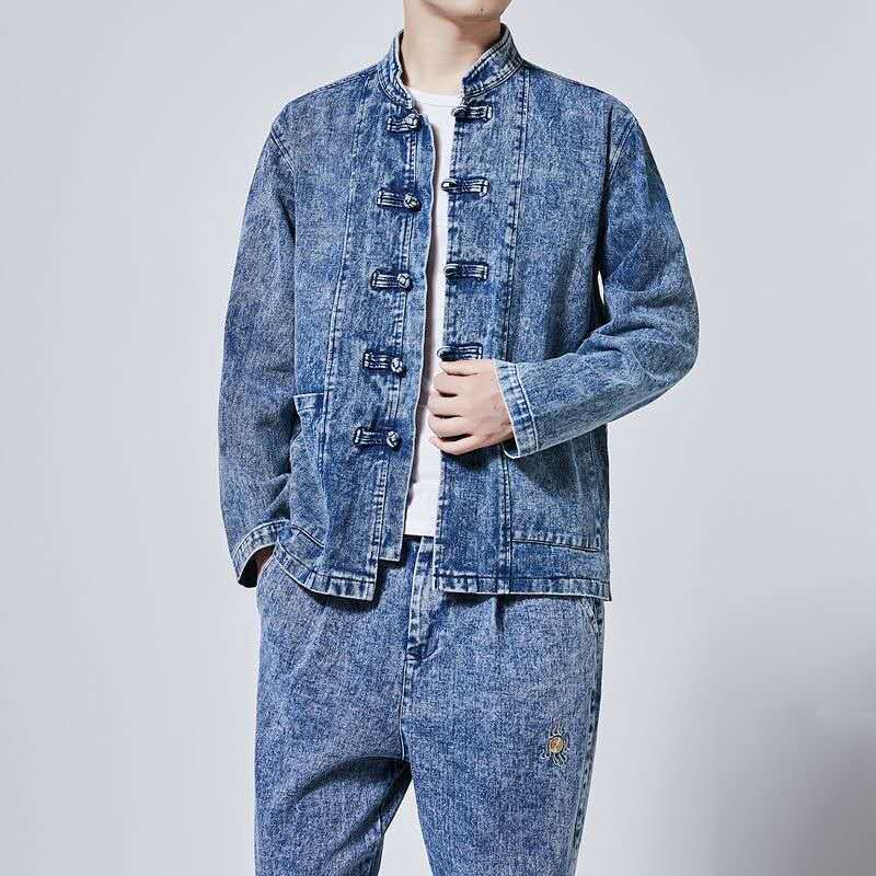 Stand Collar Washed Denim Set Men Chinoiserie Youth Casual Streetwear Tangzhuang Men's Denim Jacket and Jeans