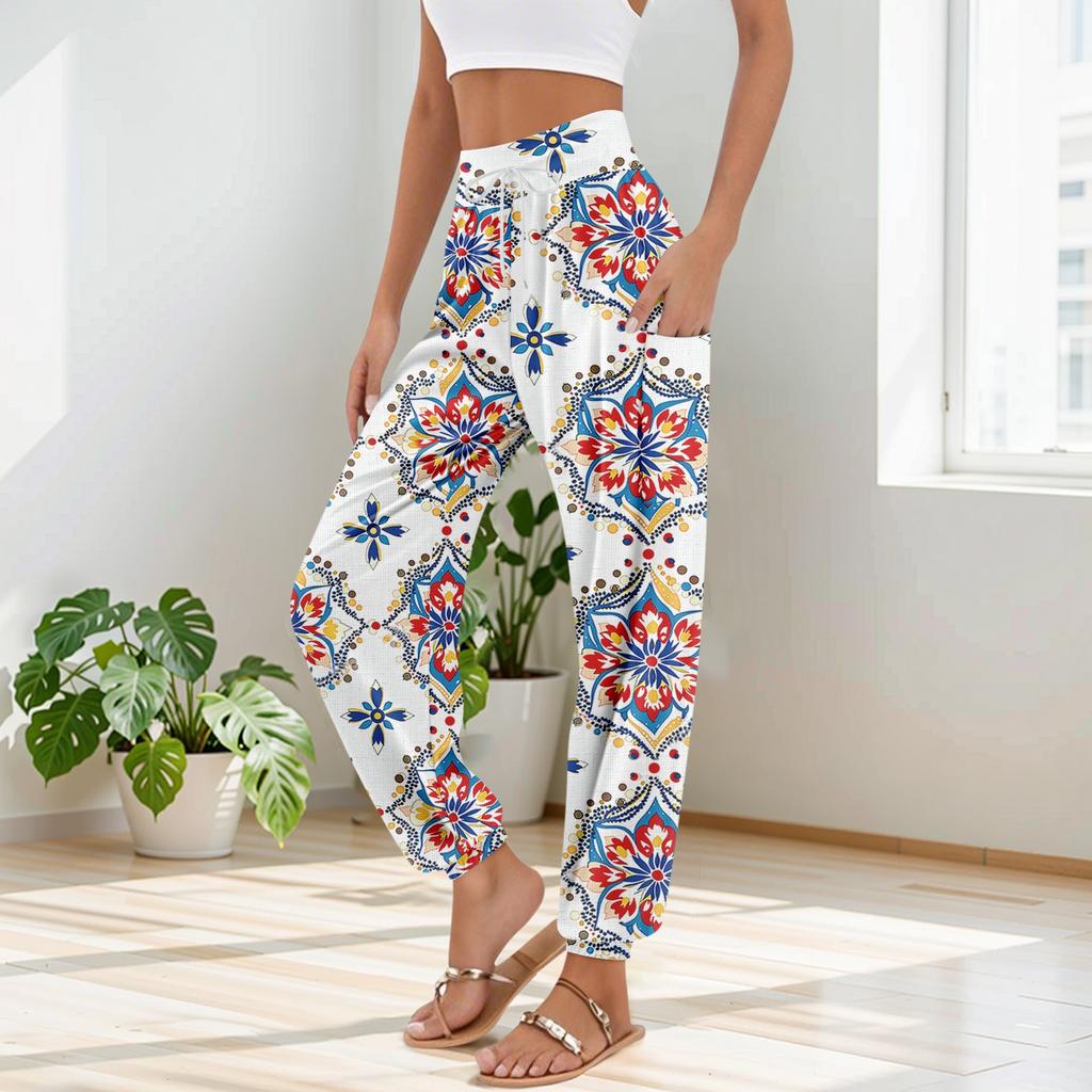 Women's Pocket Drawstring Trousers High Waist Yoga Bohemian Printed Casual Pants