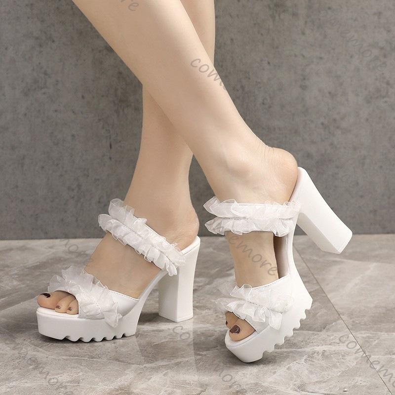 Comemore Thick Heeled Fish Mouth Sandals Summer Slip On Platform Slippers Womem's Shoes Lace High-heel Sandales