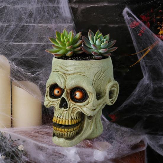 Skull Flower Pot Resin Human Skull Planter Halloween Candy Bowl Gothic Plant Pot for Succulents Home Office Desk Decoration