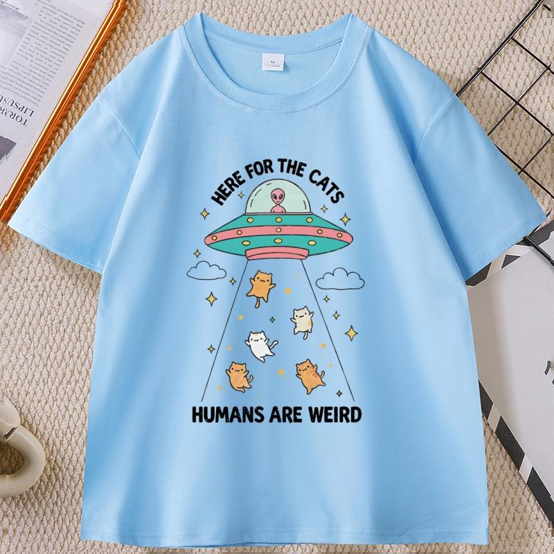 Funny Cat TShirt Here for The Cats HuUnisexs Are Weird Tshirt Vintage Cartoon Tee Alien UFO Cat Lover Graphic Unisex T Shirt