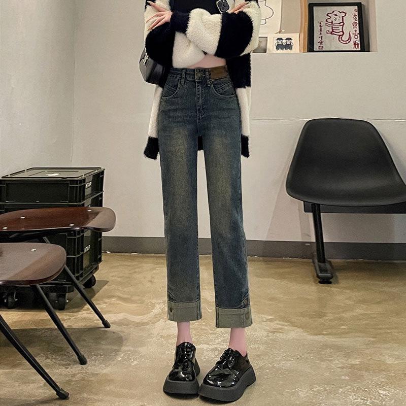 Women s High-Waist Slim Fit Cigarette Jeans, Retro Style with Leather Patch, High Stretch, Cropped, Versatile Spliced Straight Leg. XL