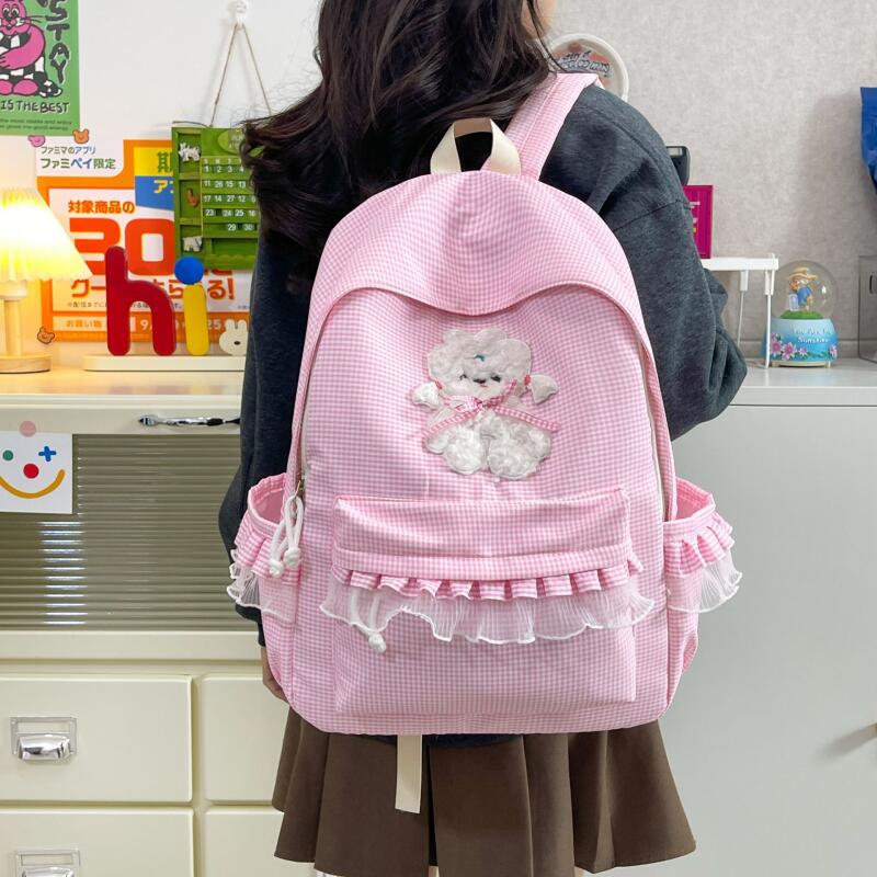 Kawaii Checkered Nylon Backpack with Fluffy Poodle Embroidery Sweet Style Women's School & Daily Bag