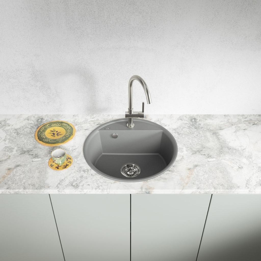 Zlewozmywak Granitowy Okrągły Volcano Muna 1-Komorowy 510X510 Mm Syfon Space Saving