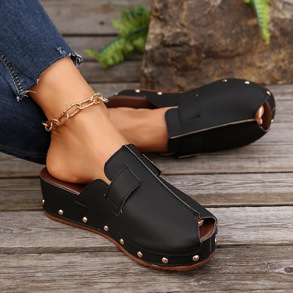 Women's Beige Wedge Sandals - Comfortable Open-Toe Slip-On Clogs with Buckle Straps & Studded Sole, Casual Summer Platform Shoes in Red, Black, or Tan