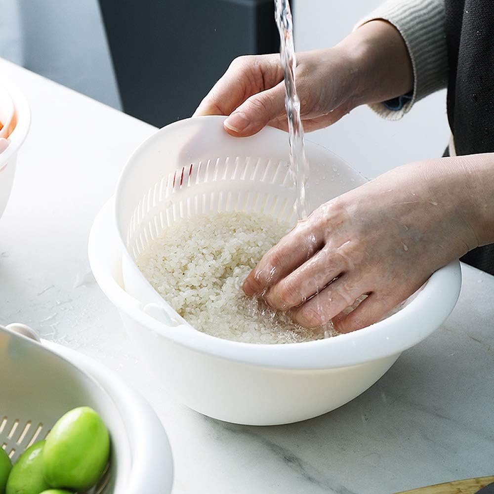 Double Layer Swivel Drainer 2 in 1 Bowl Strainer Combo - Kitchen Colander Fruit Wash Strainer for Cleaning Veggies, Noodles (White)
