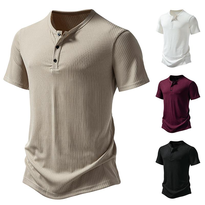 Pánské letní ležérní žebrované košile slim fit henley prodyšné cvičení sportovní trička košile s knoflíkem Základní topy pro muže Lehká trička s krátkým rukávem