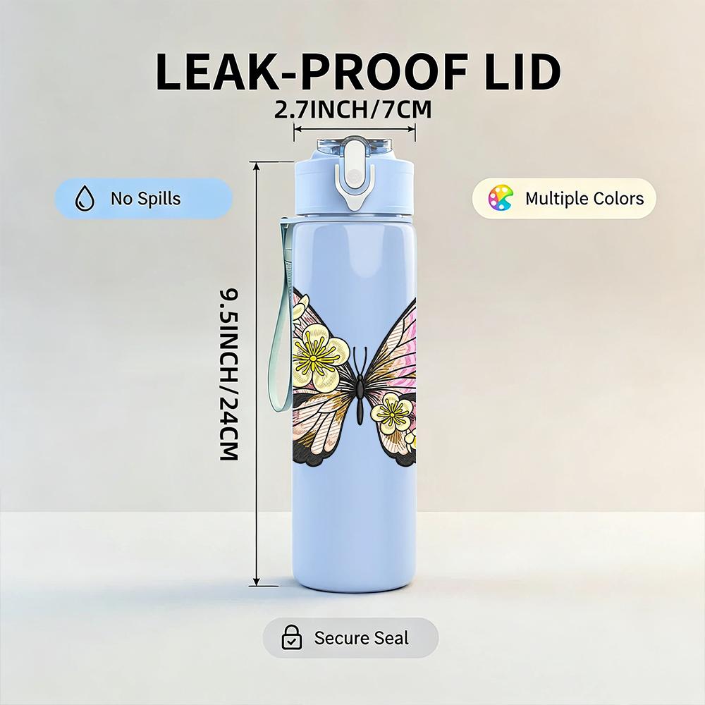 1PC Pastel Double Butterfly Floral Graphic,750ml Color Plastic Sports Water Bottle,Leakproof Flip Straw Lid,Suitable for Sports Office Home Use