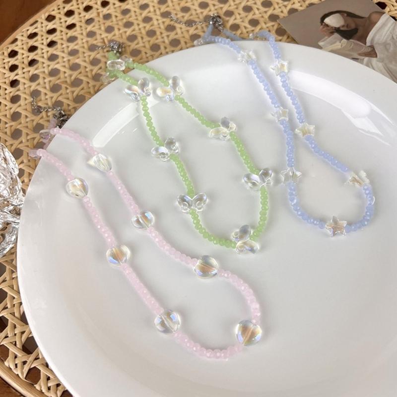 Y2K Glass Heart Star Butterfly Bead Pendant Necklace Bracelet for Women Clavicle Chain Fashion Valentines Day Gifts