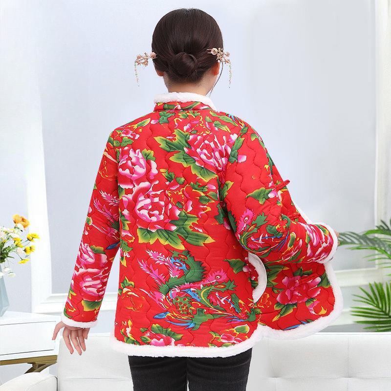 Women's Clothing Fleece-Lined and Thickened   Northeast Large Flower Padded Jacket Cotton Coat  Web Red Jacket