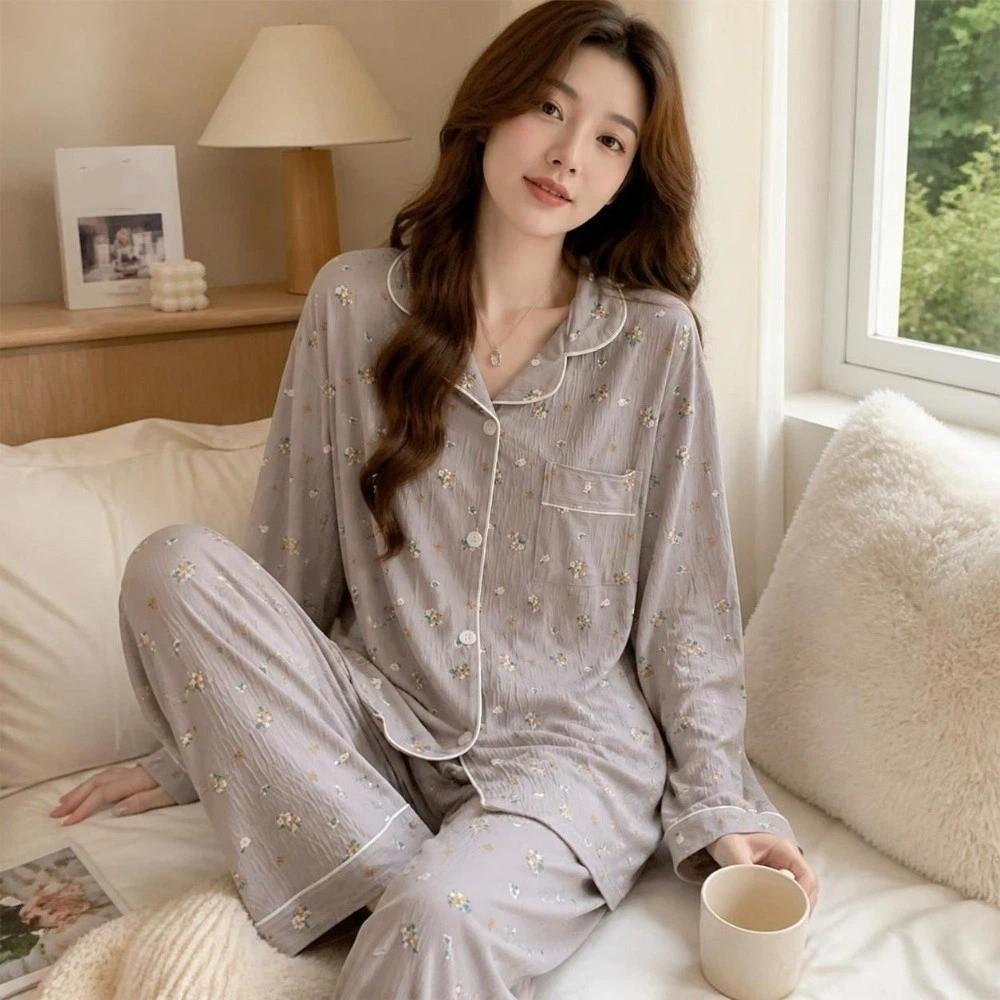 Bow Long Pajama Set Bear Lady Nightwear Suit Comfortable Women's Loungewear  Female