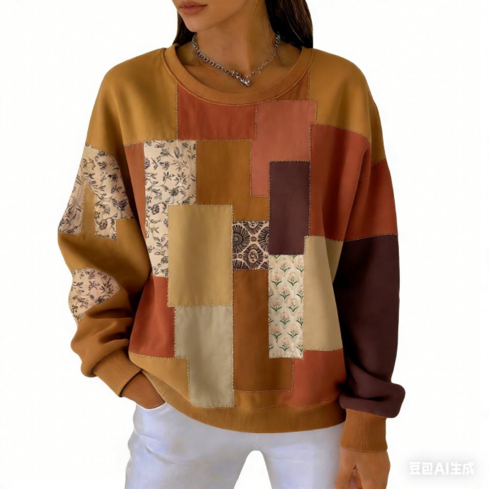 אופנת אביב שילוב צבעים חולצת טי לנשים קז'ואל הדפס וינטג' פולאובר לנשים בגדי שרוול ארוך קז'ואל בחוץ חולצות טי עליון