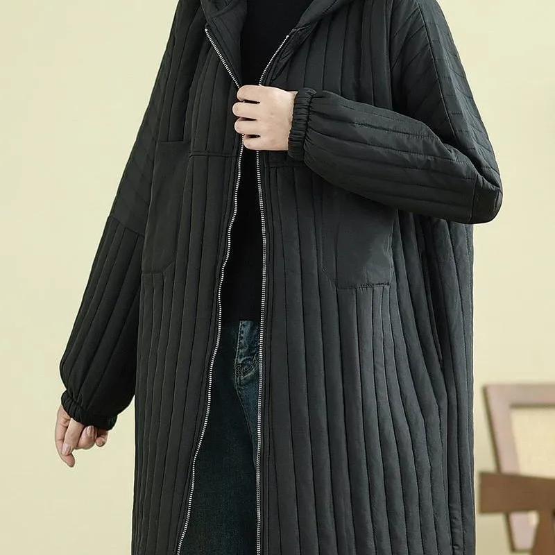 Winter Plus Size Hooded Mid-length Cotton-padded Jacket, Fashion Cotton-padded Jacket, Loose Western Style, All-match Ladies