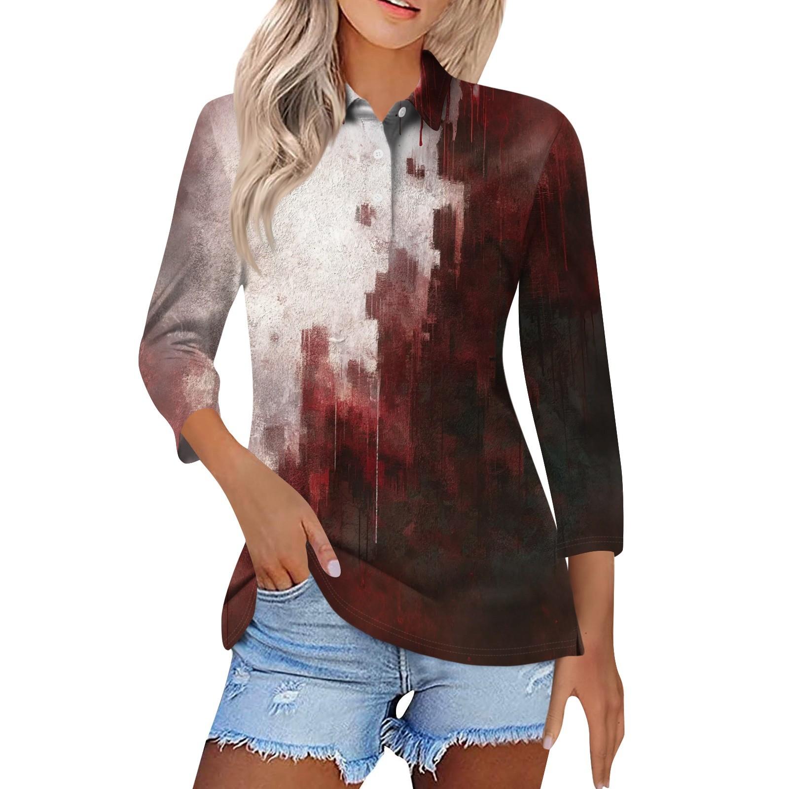 

Women s Fashion Casual Lapel Short 3/4 Sleeve Halloween Print Shirt Women s Button Up Tops XL