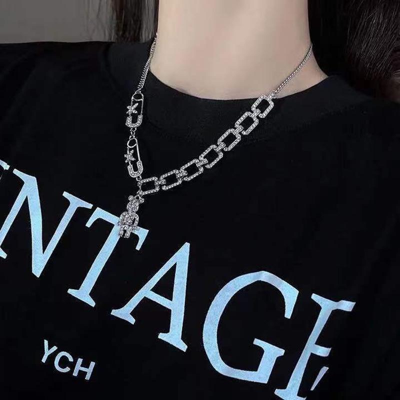 Titanium Steel Diamond Butterfly Bear Necklace - Women's Luxury Hip-Hop Bone Chain Design