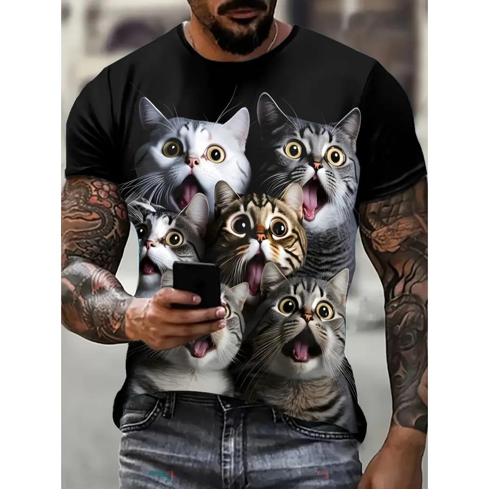 Summer Men's T-Shirt Funny Cartoon Cat Printed Breathable Outdoor Short Sleeve Graphic T-Shirts Casual Oversized Men Clothing