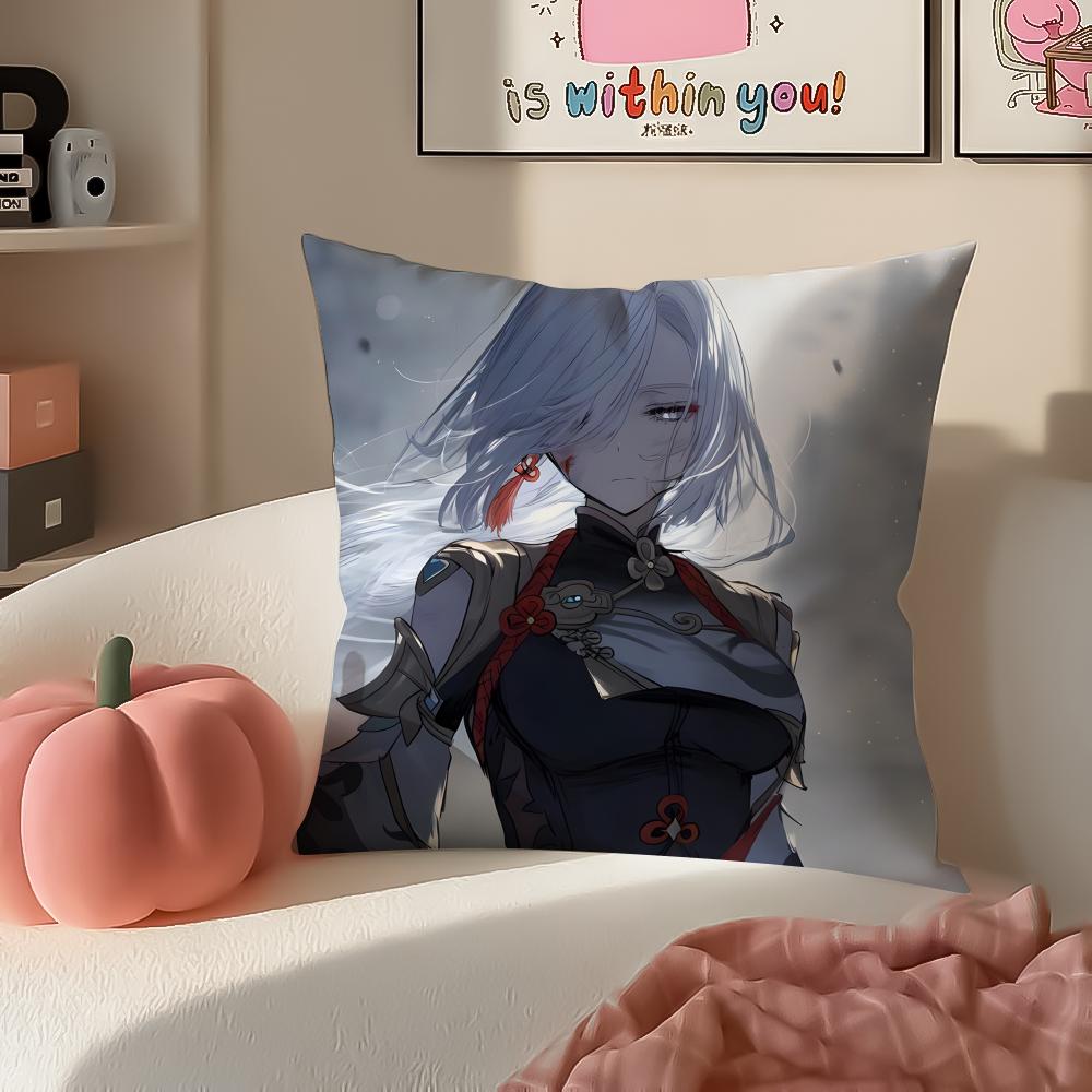 Game Genshin ShenHe Cushion Cover Pillowcase Short Plush Invisible zipper Room Sofa Cushion Cover