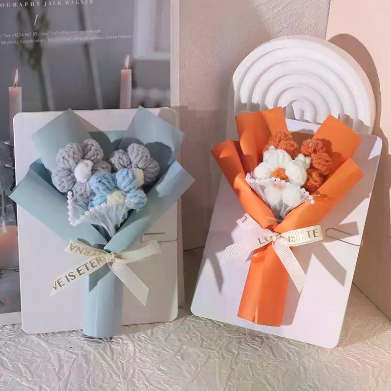 7 Colors Creative Three-dimensional Flower Bouquets Greeting Cards Handmade Cream Puffs Valentine's Day Knitted Flower Bouquets