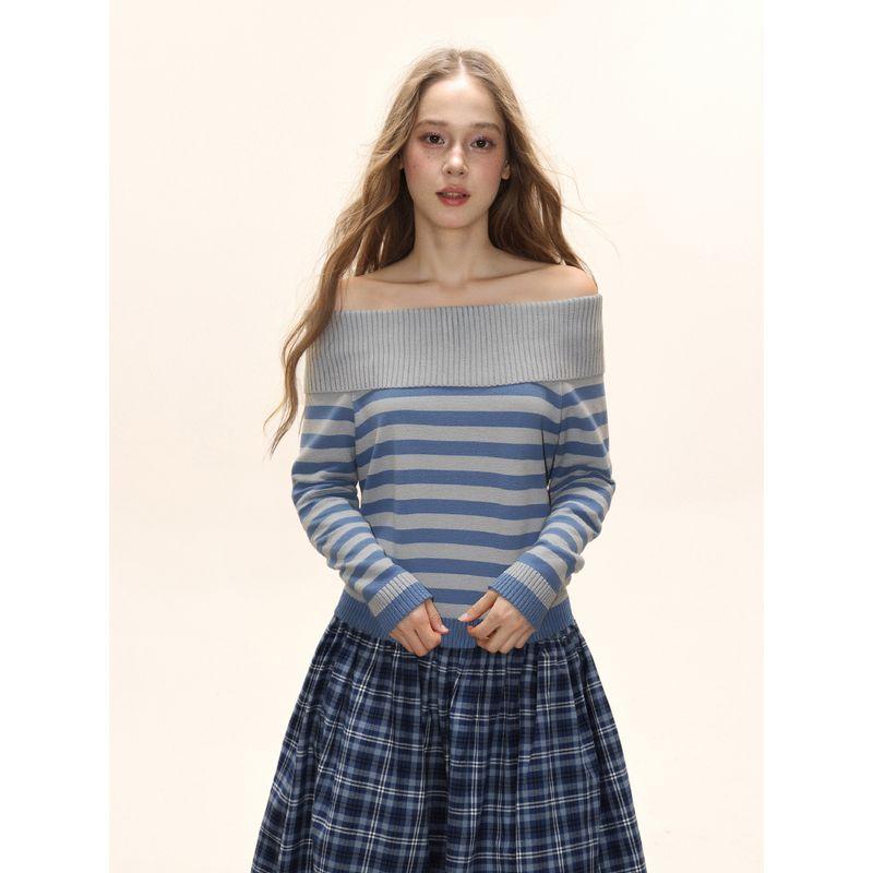 Shiyiyue American-Style Color-Block Striped Knit Sweater for Women, Autumn and Winter Design, Loose Off-Shoulder Versatile Top