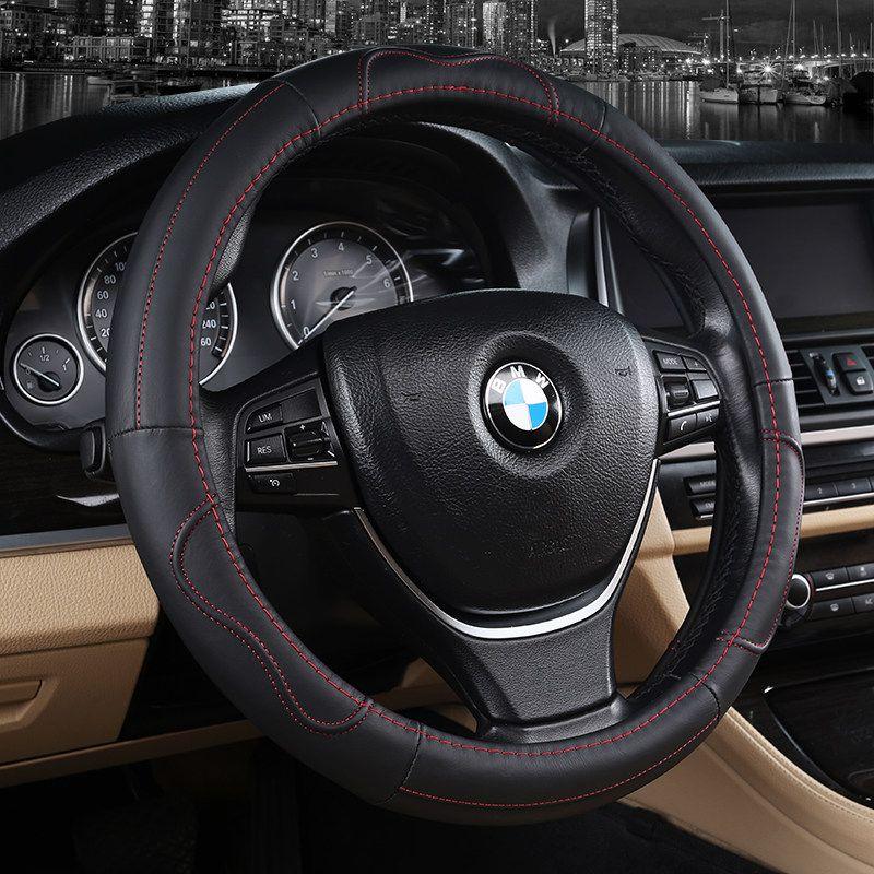 

Old and New Car Steering Wheel Cover Real Leather All Year Round Neutral Cowhide 38cm Medium Real Leather Handle Cover Genuine Leather-Black Red