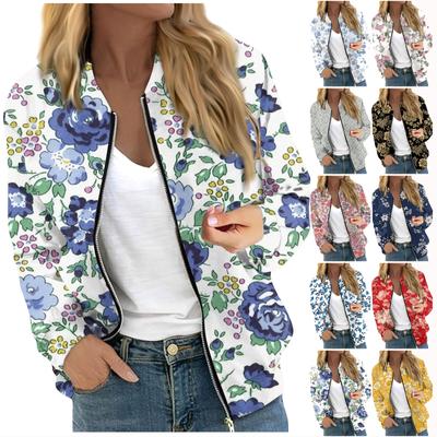 Moda feminina casual manga comprida floral/folha estampado em torno do pescoço jaqueta com zíper