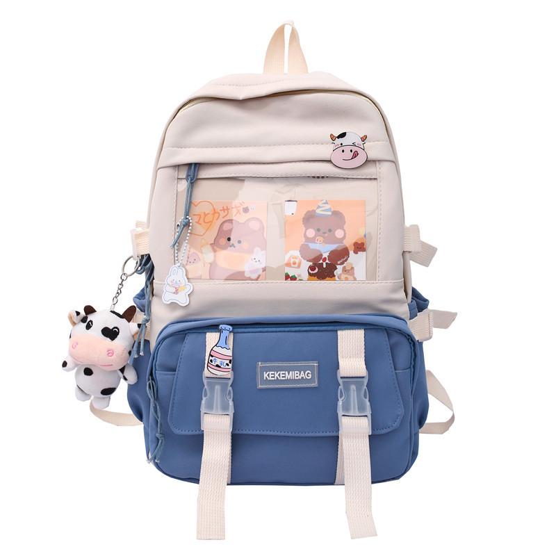 

2025 new contrasting color large-capacity backpack, male and female students Harajuku style schoolbag, girl cartoon backpack tide + badge card синий
