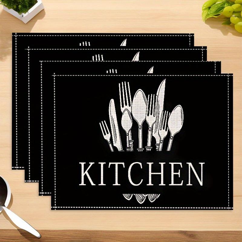 [4pcs Knife & Fork Placemats] 4pcs Linen Placemats | Black Knife & Fork Pattern | Kitchen Fabric Table Mats | Hotel Holiday Party Room Decoration
